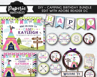 Girl Camping Birthday Party BUNDLE - Girl Camping Birthday Template - DIY Editable Party Decorations - Edit with Adobe Reader DC - #BP58