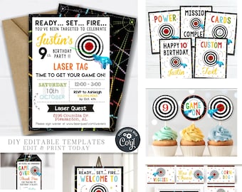 May include: A set of printable party decorations for a laser tag themed birthday party. The decorations include a welcome sign, invitations, cupcake toppers, and food labels. The colors are black, red, yellow, blue, and green.
