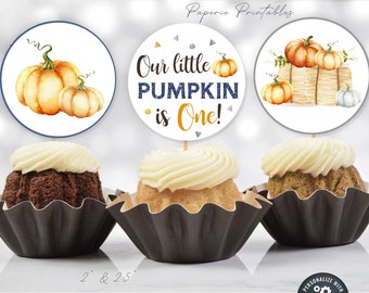 May include: Three printable cupcake toppers featuring a watercolor pumpkin theme. The toppers are 2 inches and 2.5 inches in diameter. The text on one topper reads "Our little PUMPKIN is One!"