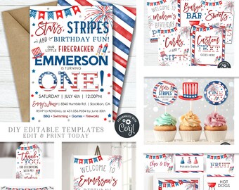 Puede incluir: Decoraciones de fiesta imprimibles para una fiesta de primer cumpleaños con un tema patriótico rojo, blanco y azul. Las decoraciones incluyen un letrero de bienvenida, adornos para cupcakes, etiquetas para alimentos y una pancarta. El texto en el letrero de bienvenida dice "Bienvenido a la fiesta de cumpleaños de Emmerson".
