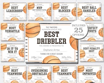 Editable Basketball Award Certificates, Award Ceremony Certificate, End of Season Awards, Basketball Team Party Printable, DIY w/Corjl #CO23