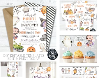 May include: Printable Halloween party decorations featuring a cute cartoon monster theme. The set includes a welcome sign, invitation, cupcake toppers, food labels, and a banner. The colors are black, white, orange, and green.