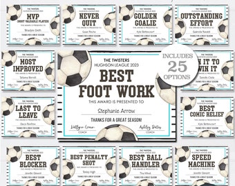Editable Soccer Award Certificates, Award Ceremony Certificates, End of Season Soccer Award, Soccer Team Party Printables, DIY w/Corjl #CO20