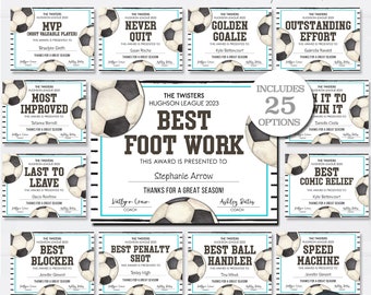 Editable Soccer Award Certificates, Award Ceremony Certificates, End of Season Soccer Award, Soccer Team Party Printables, DIY w/Corjl #CO20