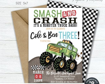 Twins Monster Truck Birthday Invitation: Smash and Crash (DIY Edit with Corjl) #BP10