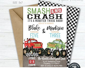 Editable Monster Truck Birthday Invitation: Siblings Smash & Crash (DIY Corjl) #BP10