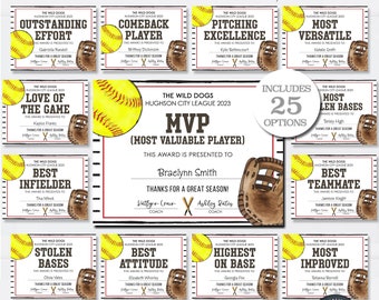 Editable Softball Award Certificates, Award Ceremony Certificates, End of Season Softball Awards, Team Party Printables - DIY w/Corjl #CO18