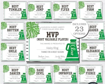 May include: Printable cheerleading award certificates featuring green and white megaphone graphics. The certificates are customisable and include 23 different award options. The text on the certificate reads "Hugson Huskies Varsity Cheer Squad 2023-2024 MVP (Most Valuable Player)".
