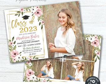 Floral Graduation Invitation: Class of 20XX, Gold Foil (DIY Editable Template) #GP21