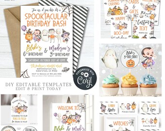Op de afbeelding: Printbare Halloween-partij uitnodiging met een griezelig thema. De uitnodiging heeft een zwart-wit gestreepte achtergrond met een aquarel-illustratie van kinderen verkleed in Halloween-kostuums. De tekst op de uitnodiging luidt "Spooktacular Birthday Bash" en bevat de namen "Blake's & Madison's" en hun leeftijden. De uitnodiging bevat ook de datum en tijd van het feest, het adres en een RSVP-nummer.
