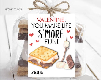 May include: Printable Valentine's Day gift tag featuring a s'more illustration with the text "Valentine, you make life s'more fun!" and "From:".