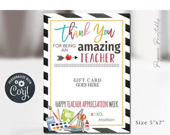 Teacher Appreciation Gift Card Holder: Editable Thank You (Digital Download)