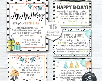 May include: A printable set of 15 birthday scavenger hunt clues with a black and white animal print background. The clues are decorated with colorful balloons, party hats, and cupcakes. The text on the clues includes "Hip Hip Hooray", "Happy B-Day", "Today is a day all about you", and "Another year older oh my, how time flies!"