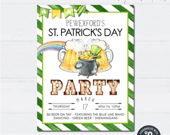 May include: Printable St. Patrick's Day party invitation with a green, white, and gold color scheme. The invitation features a cartoon illustration of a pot of gold, two mugs of beer, and a leprechaun's hat. The text reads "Pewexford's St. Patrick's Day Party" and includes details about the event, such as the date, time, and activities. The invitation is designed to be personalized with the name of the event and other details.