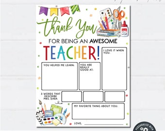 EDITABLE Teacher Appreciation Gift, Thank You Teacher Gift, All About My Teacher Printable, Teacher Gift Printable, DIY w/Corjl - #TAF03