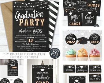 May include: Editable graduation party templates with a chalkboard theme. The templates feature a black and white striped background with gold accents. The text includes "Graduation Party", "Class of 2022", "Welcome to Madison's Grad Party", and "Buffet Table".