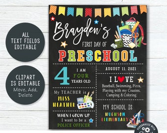 EDITABLE First Day of School Sign, Back to School Sign, First Day of Kindergarten, School Printable, Photo Prop - Edit with Corjl - #S136