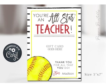 May include: Printable gift card holder with a softball graphic and the text "You're an All Star Teacher!"  The card holder is 5 inches by 7 inches and has a black and white striped border.  The text "Gift Card Goes Here" is in the center of the card holder.