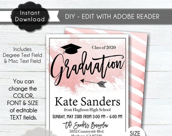 Graduation Party Invitation Template - Pink Graduation Invitation Template - DIY Editable Invitation - Edit Adobe ReaderDC - Size 5x7 -#GP11