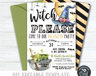 May include: A printable Halloween party invitation with a witch hat, cauldron, and bats. The text reads "Witch Please Come to Our Halloween Party!" with the date and time of the party. The invitation is decorated with black and yellow stripes and a green background.