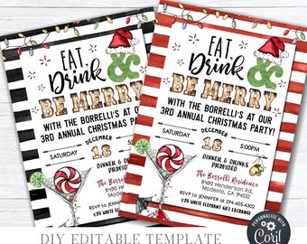 May include: A printable Christmas party invitation with a red and white striped background. The invitation says "Eat, Drink & Be Merry" with the date and time of the party. The invitation also includes a white elephant gift exchange.