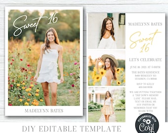 May include: A customizable Sweet 16 invitation template with a photo layout. The design features a young woman in a white dress, with the text "Sweet 16" in elegant script. The template is editable and allows for photo and color customization.