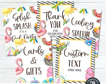 May include: A collection of DIY editable party signs with a summer pool party theme. The signs feature watercolor illustrations of flamingos, watermelons, and beach toys. Text includes "Splish Splash", "Thank You", "Cooling Station", and "Cards & Gifts".
