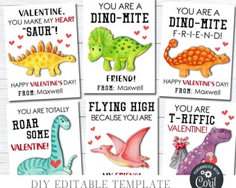 Editable Dinosaur Valentine Tags, Kids Valentine Cards, School Valentine Tags, Dinosaur Valentine Cards - Dino-Mite - DIY with Corjl - #VT33