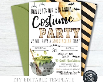 May include: A printable Halloween party invitation with a green cauldron, bats, and a moon. The text reads "Join us for our 5th Annual Costume Party. We will have a Spooktacular Time!"  Saturday, October 31, 5:00 PM. Enter if you dare! The Smith's Haunted House, 6739 Aldrich Rd. Modesto, CA 94832. RSVP to Kelly at 209.493.4543. Potluck: Bring your favorite side dish or dessert!"