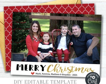 Editable Christmas Photo Card: Gold Foil, Modern Design (DIY Corjl Template)