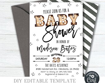 Rustic Baby Shower Invitation: Editable Template (Digital Download) #BS79