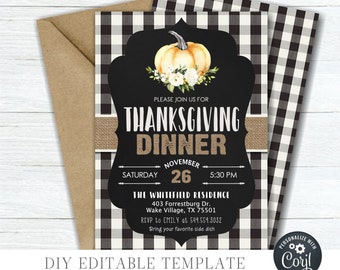 EDITABLE Buffalo Plaid Thanksgiving Feast Invitation - Thanksgiving Dinner Template - Friendsgiving Feast Printable - DIY with Corjl - #TG18