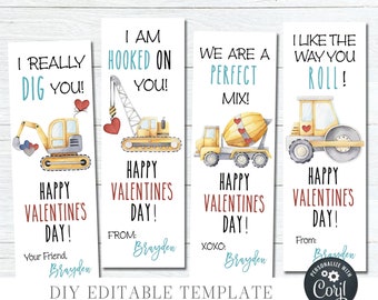 EDITABLE Kids Valentine Bookmarks - Construction Valentine Bookmark - Printable Construction Valentine Bookmarks - Edit with Corj l - #VT19
