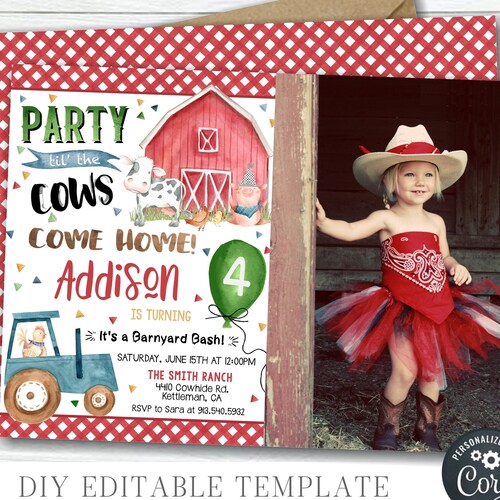 Farm Birthday Party Invitation Template With Photo Farm Etsy
