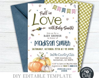 EDITABLE Gender Neutral Fall Baby Shower Invitation - Fall in Love Baby Shower Invitation - Pumpkin Baby Shower - Edit with Corjl - #BS03