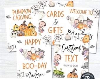 May include: Printable Halloween party signs with a cute cartoon theme. The signs feature pumpkins, ghosts, bats, and other Halloween characters. The signs say "Pumpkin Carving", "Cards & Gifts", "Welcome to [Name]'s Boo-Day", and "Custom Text".