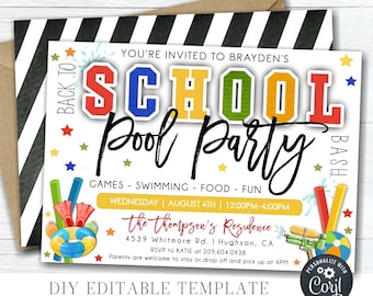 EDITABLE Back to School Pool Party Invitation - End of Summer Party Invitation - Pool Party Back to School  Invitation- DIY with Corjl-#SO16