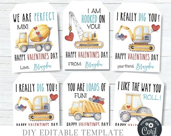 EDITABLE Kids Valentine Cards, Construction Valentine Cards, Construction Valentine Tags, DIY Editable Valentine Cards - Edit Corjl - #VT04