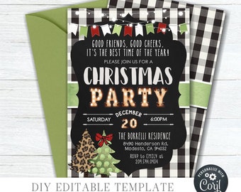May include: A black and white buffalo plaid background with a chalkboard style Christmas party invitation. The invitation features a red and green Christmas tree with a leopard print design, a string of lights, and the text "Good friends, good cheers, it's the best time of the year!"  "Please join us for a Christmas Party"  "Saturday, December 20, 6:00 PM"  "The Borrelli Residence, 8490 Henderson Rd., Modesto, CA 94032"  "RSVP to Emily at 209.594.0934"