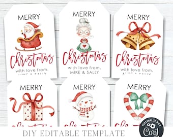 May include: Six printable Christmas gift tags with a red and white color scheme. The tags feature illustrations of Santa Claus, a grandmother, bells, a gift box, a snowman, and a candy cane. The text on the tags reads "Merry Christmas with love from, Mike & Sally".