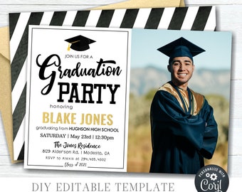 EDITABLE Photo Graduation Party Invitation, Gold Foil Graduation Party Template, Class of 2023 Graduation Invitation - DIY Corjl - #GP08