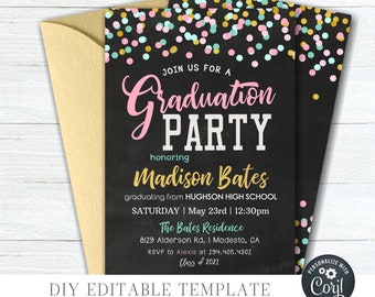Editable Graduation Party Invitation: Gold Foil Confetti (DIY Corjl Template) #GP09