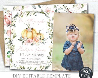 Pumpkin Birthday Invitation: Photo Template, Siblings or Twins (DIY Corjl) #BP73