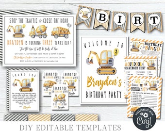 May include: Printable party decorations for a construction-themed birthday party. The set includes a welcome sign, birthday bingo card, outdoor scavenger hunt, thank you cards, and a banner that says "Birthday". The decorations are yellow, black, and gray with illustrations of construction vehicles.
