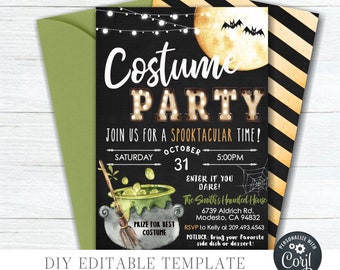May include: A printable Halloween costume party invitation with a black chalkboard background, a green cauldron, a broom, and a full moon. The text reads "Costume Party" with light bulbs around the letters. The text also reads "Join us for a Spooktacular Time!" and includes the date, time, and location of the party. The invitation also includes a prize for the best costume and a potluck request.