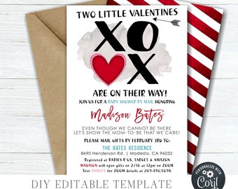 Twins Valentine's Baby Shower By Mail Invitation (Editable Corjl Template) #BS13
