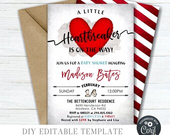 Editable Heartbreaker Baby Shower Invitation: Valentine's Day Theme (Corjl) #BS66