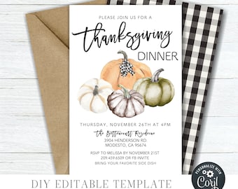 May include: A printable Thanksgiving dinner invitation with a watercolor illustration of pumpkins. The invitation includes the text "Please join us for a Thanksgiving Dinner", "Thursday, November 26th at 4pm", "The Bettencourt Residence", "3904 Henderson Rd. Modesto, CA 95674", "RSVP to Melissa by November 21st 209.459.6509 or FB Invite", and "Bring your favorite side dish".
