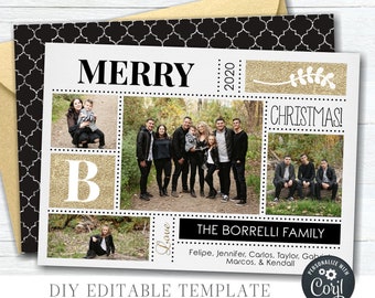 EDITABLE Christmas Photo Card -  4 Photo Layout - Merry Christmas Photo Card - Gold Glitter Christmas Template - DIY Edit with Corjl - #CC19