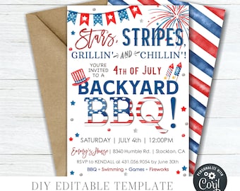 May include: A 4th of July backyard BBQ invitation with a red, white, and blue color scheme. The invitation features a festive design with stars, stripes, and fireworks. The text reads "Stars, Stripes, Grillin' and Chillin'!", "4th of July Backyard BBQ!", and "Saturday | July 4th | 12:00PM".